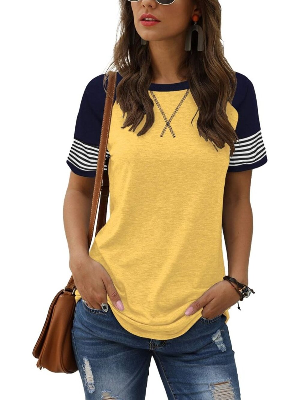 Women's Yellow Summer Casual Shirts Short Sleeve Striped Tunic Tops Blouses